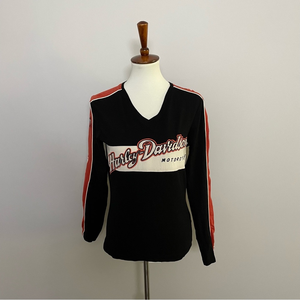 Vintage Harley Davidson Top Long Sleeve Embroidered Patch Logo All Over Graphic